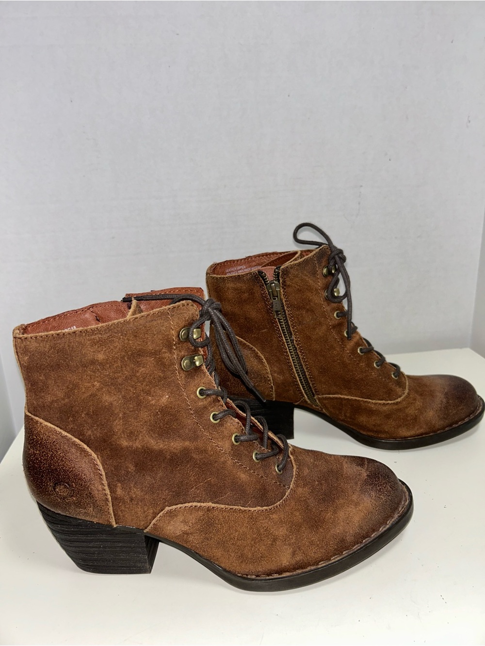 Born Brown Suede Lace-Up Side Zip Ankle Boot Bootie